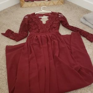 Burgundy lace long sleeve maxi dress